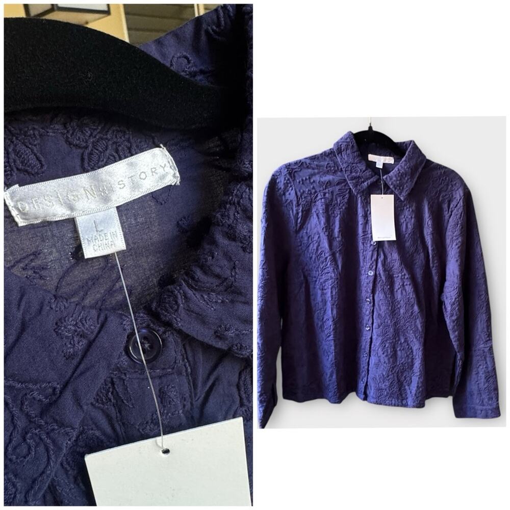 NEW Design History x Stitch Fix Navy Embroidered Textured Button Down Shirt, L